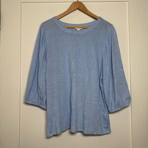 J Jill Top Womens Sz L Tall Blue Puff Sleeve Relaxed Fit 100% Linen Minimalist